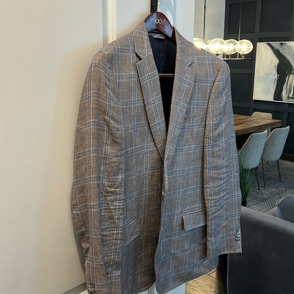 Tommy Hilfiger linen blazer - 40r, light brown/beige with light blue window pane